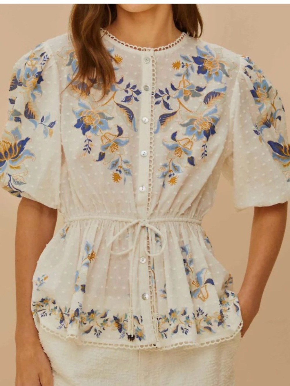 FARM Rio Cream Swiss Dot Blouse with Blue & Gold Floral Embroidery